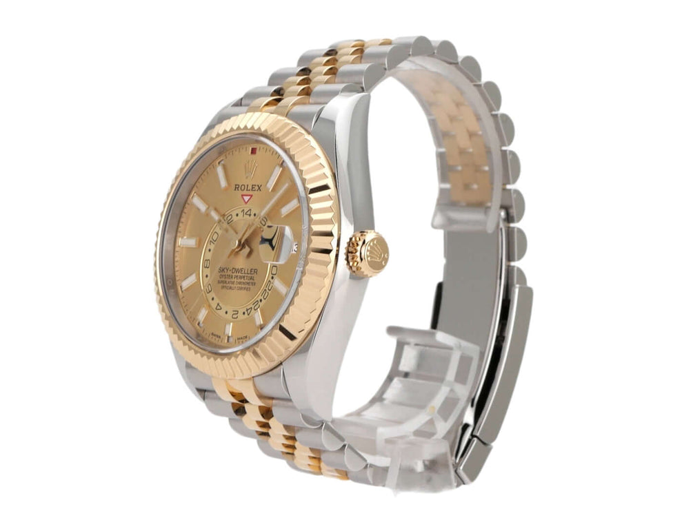 Rolex Sky-Dweller 326933 mit Champagner Zifferblatt und Gelbgold Jubile-Band, Edelstahlgehäuse.