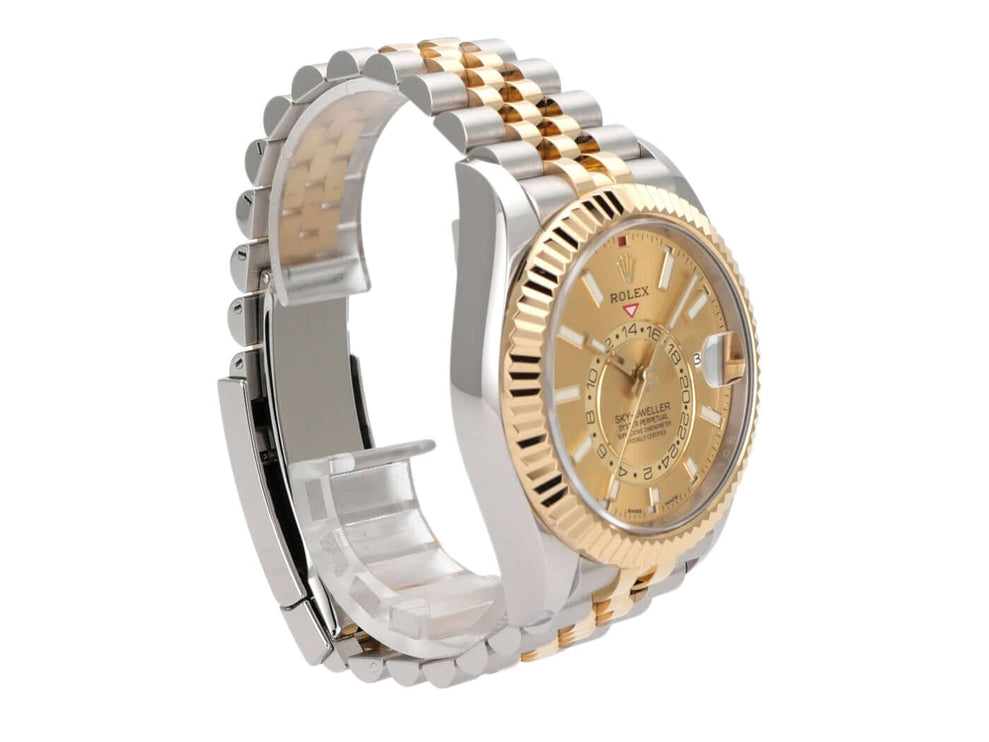 Rolex Sky-Dweller 326933 Uhr mit Champagner-Zifferblatt und Jubile-Armband aus Edelstahl und Gelbgold