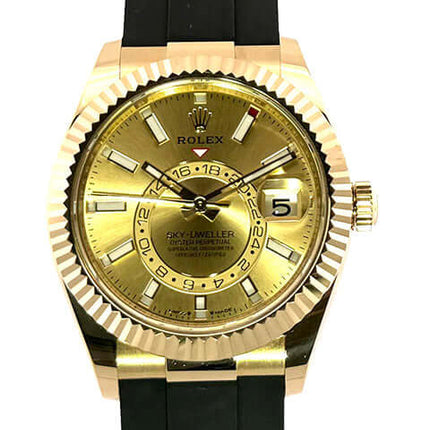 Rolex Sky-Dweller Gelbgold 336238 mit champagnerfarbenem Zifferblatt und schwarzem Oysterflexband