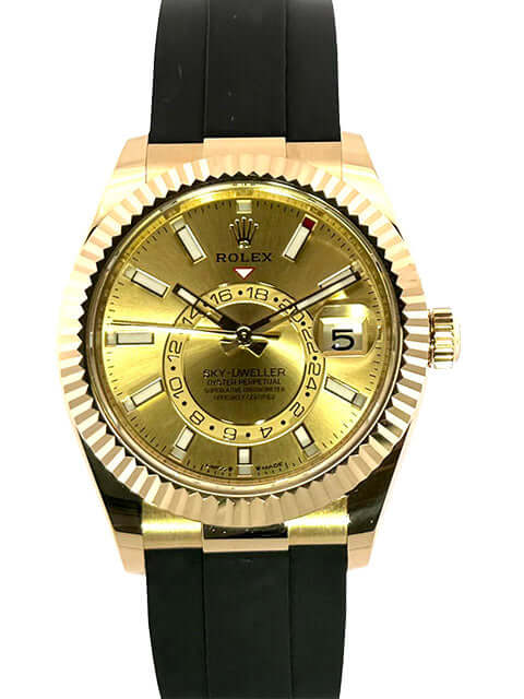 Rolex Sky-Dweller Gelbgold 336238 mit champagnerfarbenem Zifferblatt und schwarzem Oysterflexband