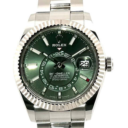 Rolex Sky-Dweller 336934 Uhr mit grünem Zifferblatt, Edelstahlgehäuse und Weißgold-Lünette, Oyster-Armband, in zwei Richtungen drehbare Ring-Command-Lünette