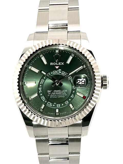 Rolex Sky-Dweller 336934 Uhr mit grünem Zifferblatt, Edelstahlgehäuse und Weißgold-Lünette, Oyster-Armband, in zwei Richtungen drehbare Ring-Command-Lünette