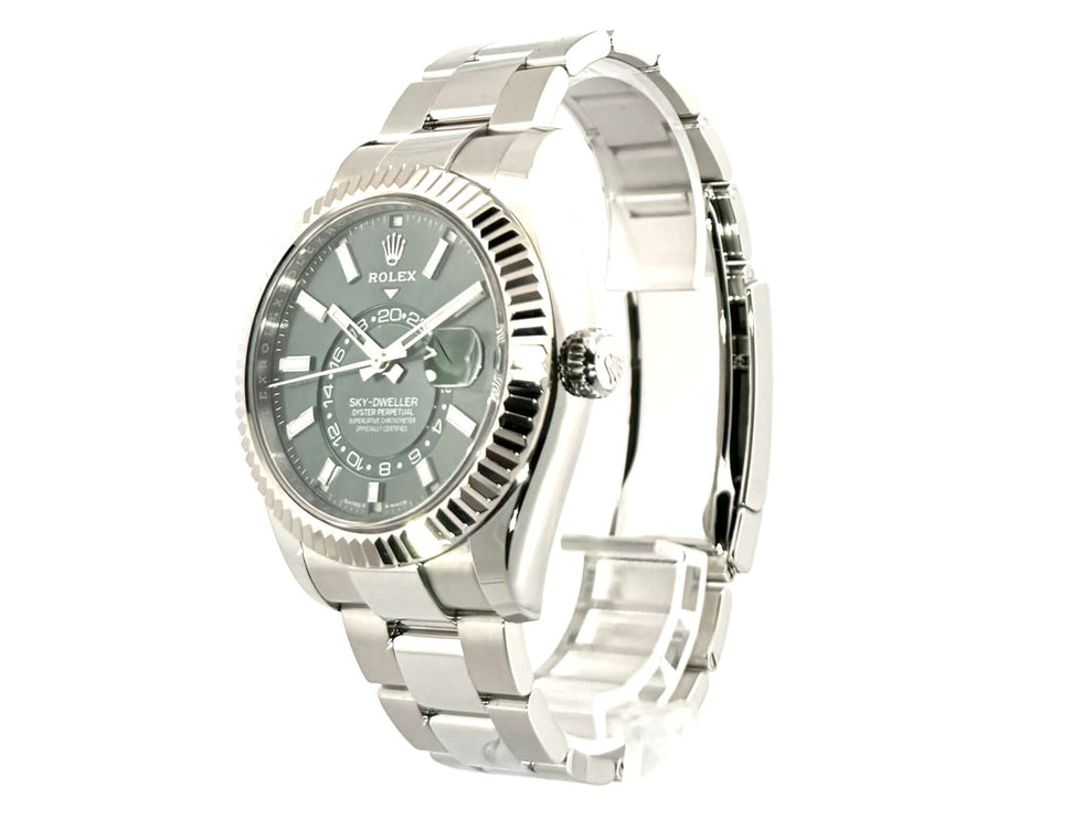 Rolex Sky-Dweller 336934 Grün Edelstahl-Weißgold mit Oyster-Armband und grünem Zifferblatt, poliertes und satiniertes Gehäuse, 42 mm Durchmesser