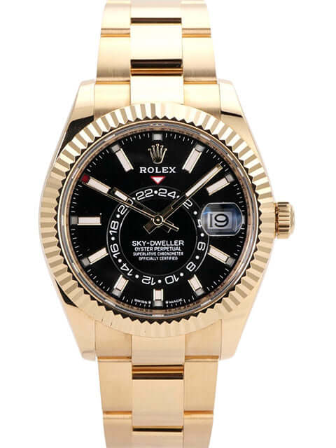 Rolex Sky-Dweller 336938 in 18 kt Gelbgold mit schwarzem Zifferblatt und Oyster-Armband.