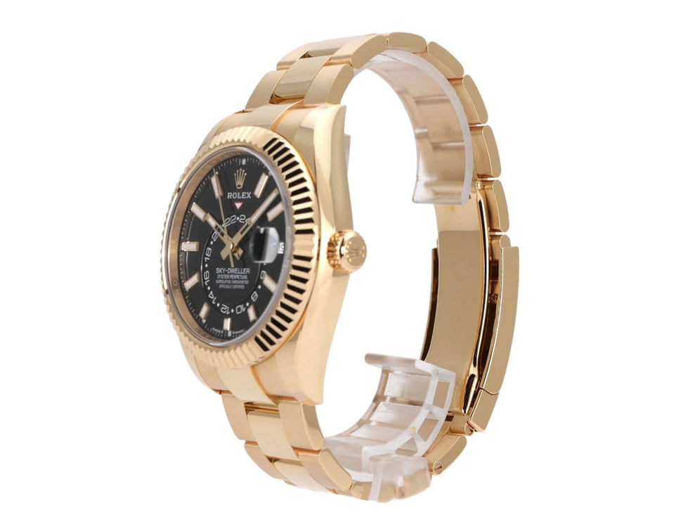 Rolex Sky-Dweller 336938 in 18 kt Gelbgold mit schwarzem Zifferblatt und Oyster-Armband, Seitansicht.