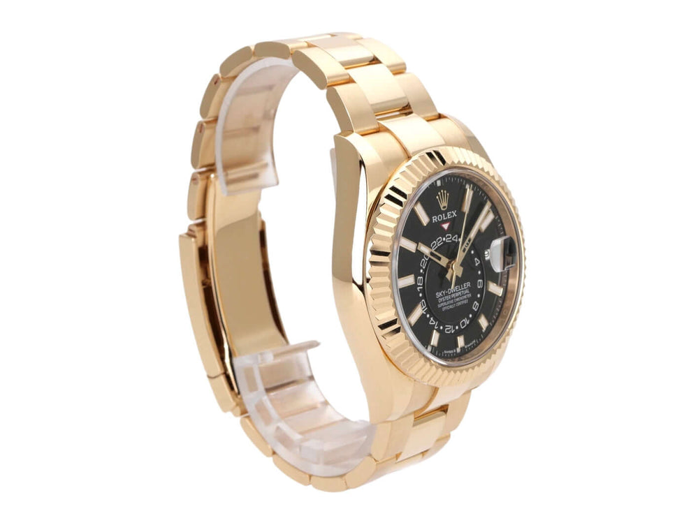 Rolex Sky-Dweller 336938 in 18 kt Gelbgold mit schwarzem Zifferblatt und Oysterarmband.