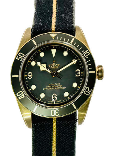 Tudor Black Bay Bronze Automatik Textiluhr Ref. 79250BA-0002 mit schiefergrauem Zifferblatt, schwarze Lünette und Dornschließe.