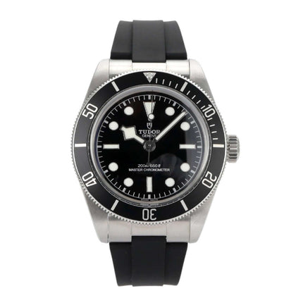 Tudor Black Bay M7941A1A0NU-0002 Edelstahl-Uhr mit schwarzem Zifferblatt und Kautschukband.