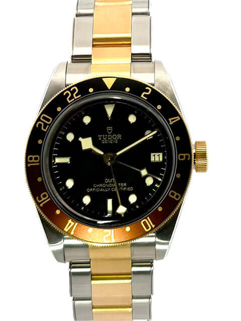 Tudor Heritage Black Bay GMT M79833MN-0001, Edelstahl-Gelbgold, schwarzes Zifferblatt mit Leuchtindizes, 24-Stunden-Drehlünette