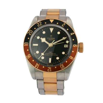 Tudor Heritage Black Bay GMT M79833MN-0001, Edelstahl und Gelbgold, schwarzes Zifferblatt, 24-Stunden-Lünette, zweifarbiges Armband