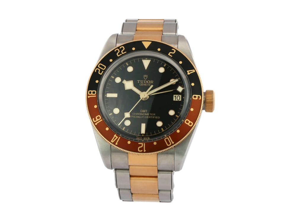 Tudor Heritage Black Bay GMT M79833MN-0001, Edelstahl und Gelbgold, schwarzes Zifferblatt, 24-Stunden-Lünette, zweifarbiges Armband