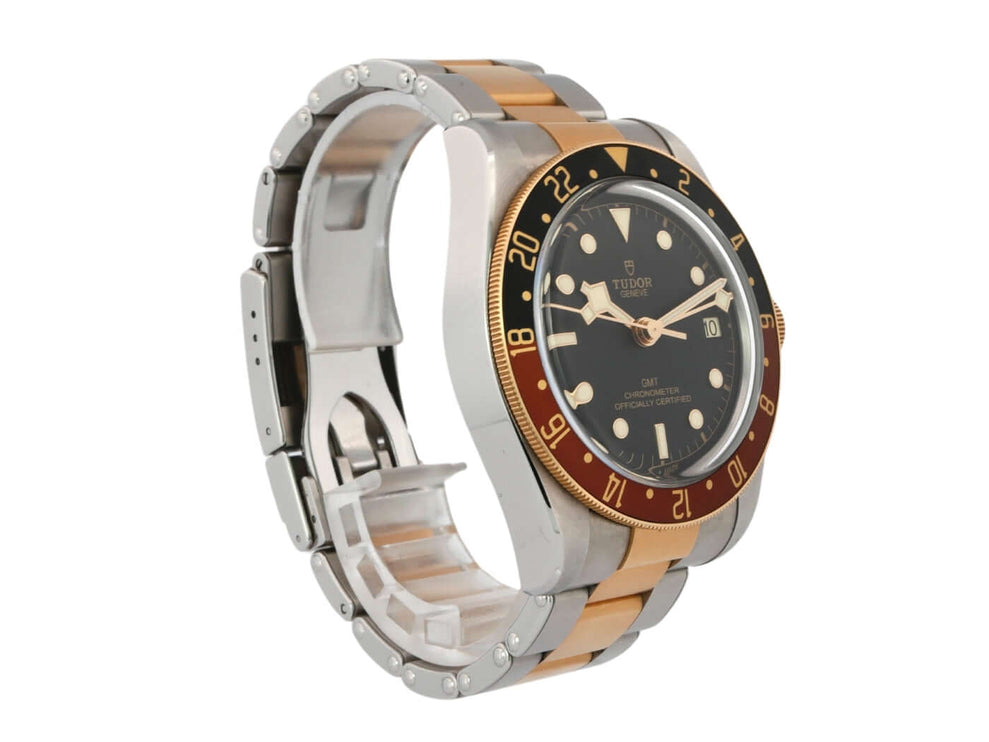 Tudor Heritage Black Bay GMT M79833MN-0001 Uhr in Edelstahl mit Gelbgold-Lünette und schwarzem Zifferblatt, Edelstahl/Gelbgoldband und Sicherheitsfaltschließe