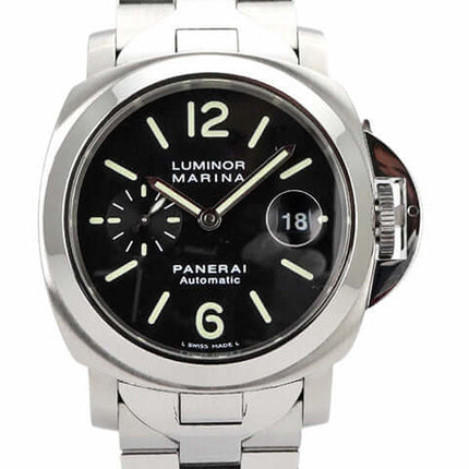 Panerai Luminor Marina Automatikuhr PAM00220 mit schwarzem Zifferblatt und Edelstahlarmband, 44 mm Gehäuse.