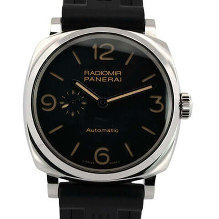 Panerai Radiomir 1940 PAM00572 Edelstahlgehäuse, 45 mm, schwarzes Kautschukarmband, schwarzes Zifferblatt mit fluoreszierenden Ziffern.