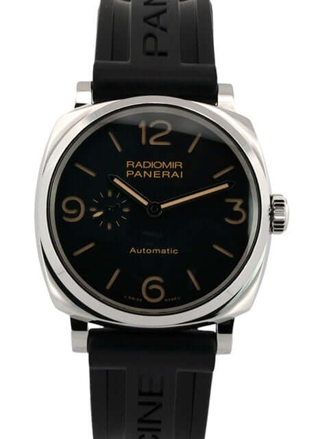 Panerai Radiomir 1940 PAM00572 Edelstahlgehäuse, 45 mm, schwarzes Kautschukarmband, schwarzes Zifferblatt mit fluoreszierenden Ziffern.