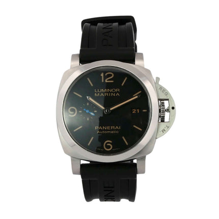 Panerai Luminor Marina 1950 PAM01312 Automatikuhr mit schwarzem Zifferblatt und Kautschukarmband.