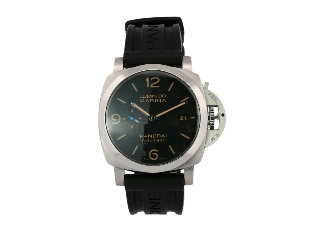 Panerai Luminor Marina 1950 PAM01312 Automatikuhr mit schwarzem Zifferblatt und Kautschukarmband.