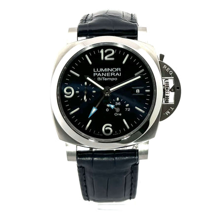 Panerai Luminor Bitempo PAM01361 Automatikuhrwerk mit satiniertem Edelstahlgehäuse, blauem Zifferblatt und blauem Lederband