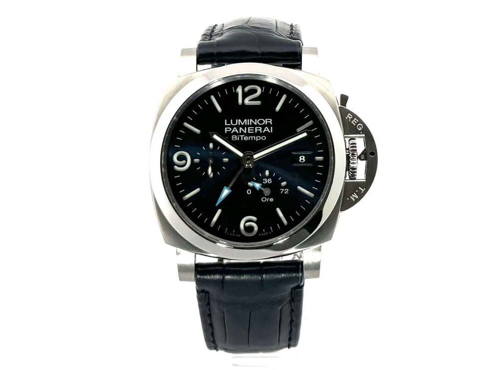 Panerai Luminor Bitempo PAM01361 Automatikuhrwerk mit satiniertem Edelstahlgehäuse, blauem Zifferblatt und blauem Lederband