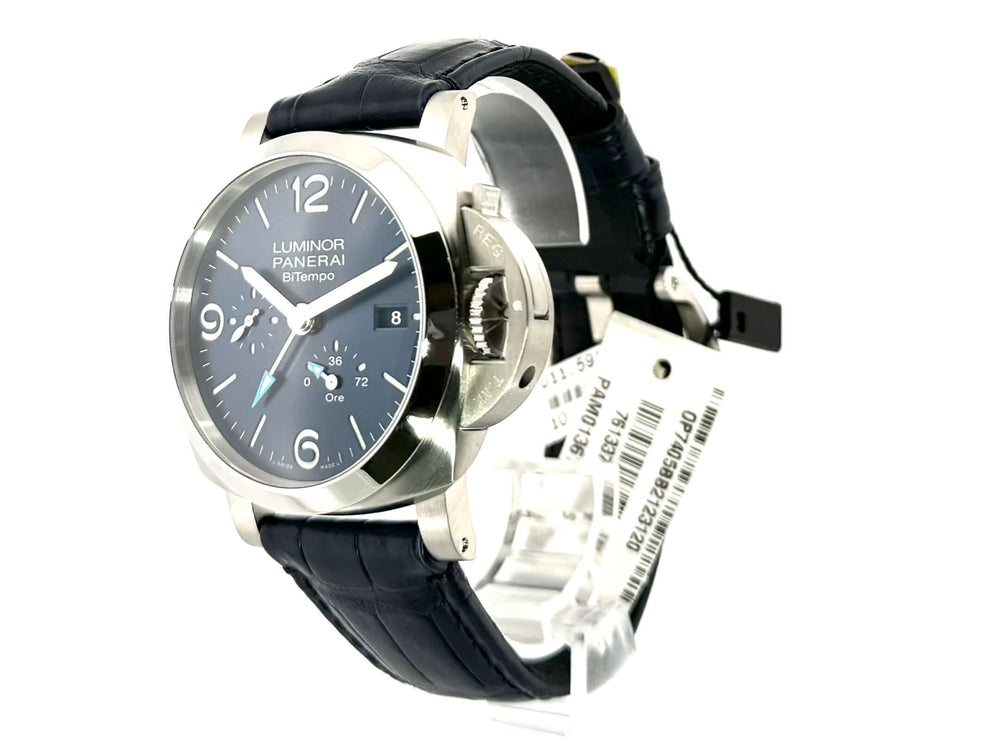 Panerai Luminor Bitempo PAM01361 Automatikuhr mit Edelstahlgehäuse, blauem Zifferblatt und Lederarmband