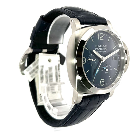 Panerai Luminor Bitempo PAM01361 Automatikuhr, poliertes Edelstahlgehäuse, blaues Zifferblatt, Lederarmband, 44mm Uhr.