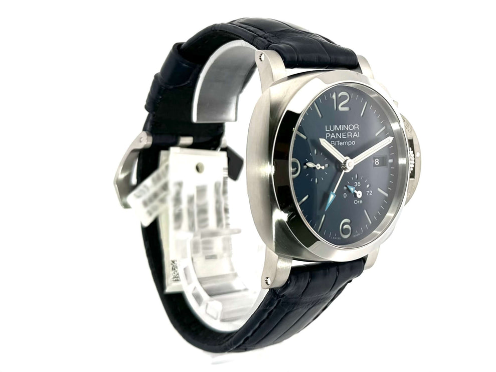 Panerai Luminor Bitempo PAM01361 Automatikuhr, poliertes Edelstahlgehäuse, blaues Zifferblatt, Lederarmband, 44mm Uhr.