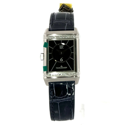 Jaeger-LeCoultre Reverso Classic Small Duetto 2668432 mit schwarzem Zifferblatt und blauem Lederarmband, polierte Edelstahllünette, Diamantakzente