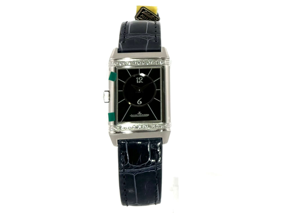 Jaeger-LeCoultre Reverso Classic Small Duetto 2668432 mit schwarzem Zifferblatt und blauem Lederarmband, polierte Edelstahllünette, Diamantakzente