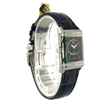 Jaeger-LeCoultre Reverso Classic Small Duetto Uhr 2668432, Edelstahlgehäuse, schwarze Zifferblatthinterseite, blaues Lederarmband und polierte Lünette mit Diamanten