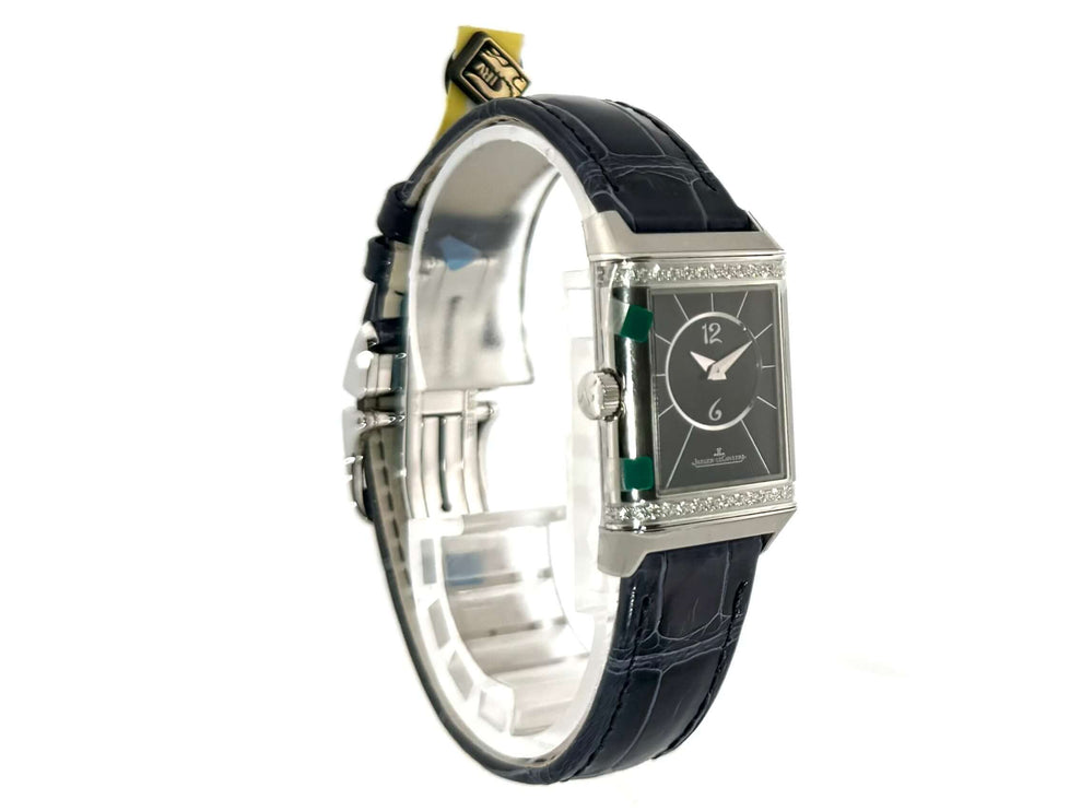 Jaeger-LeCoultre Reverso Classic Small Duetto Uhr 2668432, Edelstahlgehäuse, schwarze Zifferblatthinterseite, blaues Lederarmband und polierte Lünette mit Diamanten