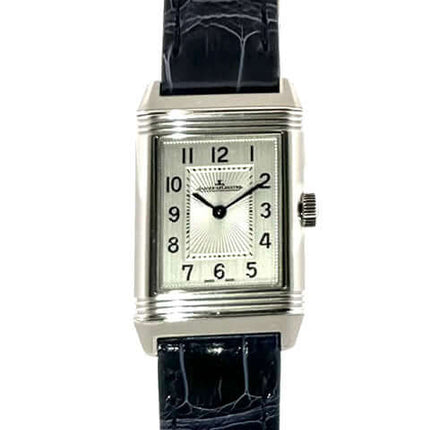 Jaeger-LeCoultre Reverso Classic Small Duetto 2668432 mit poliertem Edelstahlgehäuse und blauem Lederband