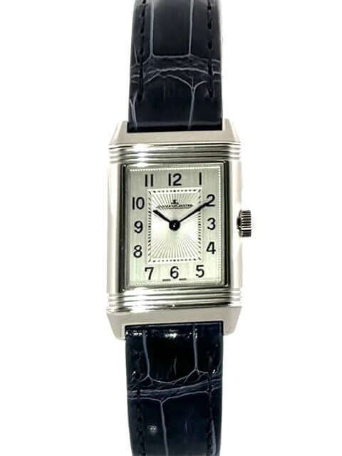 Jaeger-LeCoultre Reverso Classic Small Duetto 2668432 mit poliertem Edelstahlgehäuse und blauem Lederband