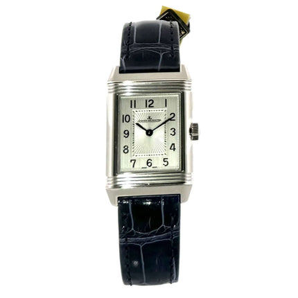 Jaeger-LeCoultre Reverso Classic Small Duetto 2668432 mit poliertem Edelstahlgehäuse und blauem Lederband