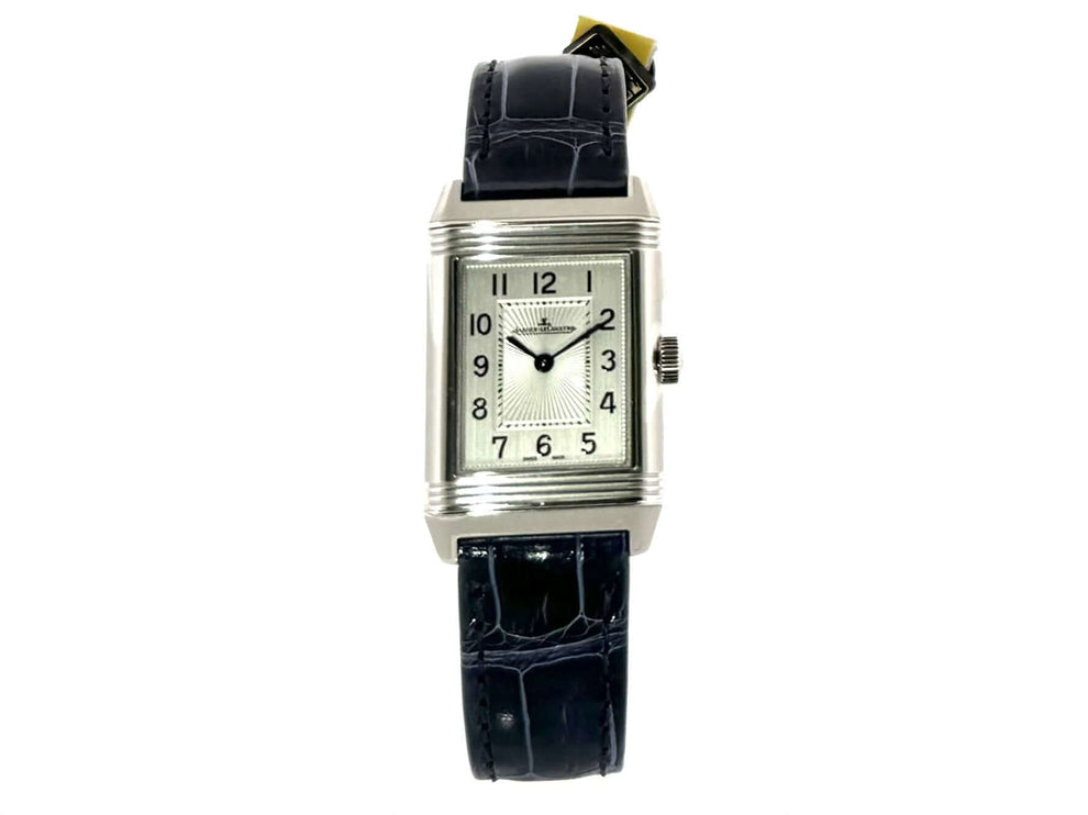 Jaeger-LeCoultre Reverso Classic Small Duetto 2668432 mit poliertem Edelstahlgehäuse und blauem Lederband