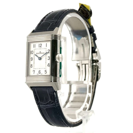 Jaeger-LeCoultre Reverso Classic Small Duetto 2668432, poliertes Edelstahlgehäuse, blaues Lederarmband, silberfarbenes Zifferblatt