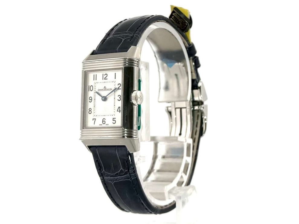 Jaeger-LeCoultre Reverso Classic Small Duetto 2668432, poliertes Edelstahlgehäuse, blaues Lederarmband, silberfarbenes Zifferblatt