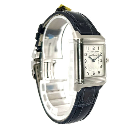 Jaeger-LeCoultre Reverso Classic Small Duetto 2668432 mit silberfarbenem Zifferblatt und blauem Lederarmband, poliertes Edelstahlgehäuse.