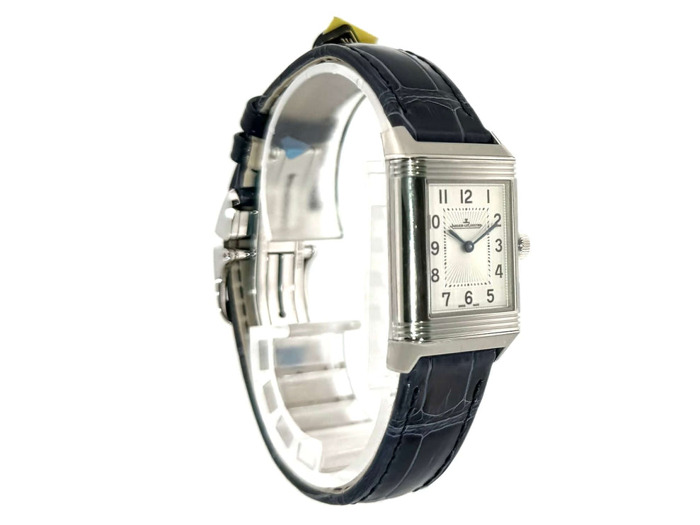 Jaeger-LeCoultre Reverso Classic Small Duetto 2668432 mit silberfarbenem Zifferblatt und blauem Lederarmband, poliertes Edelstahlgehäuse.