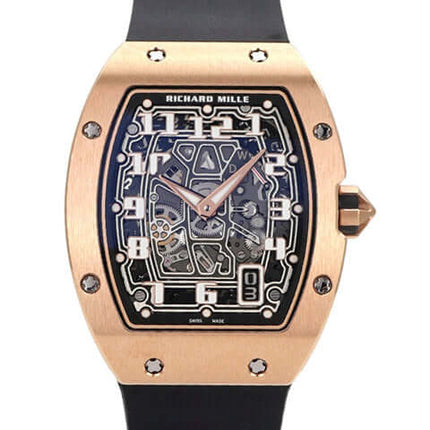 Richard Mille RM67-01 Extra Flat Uhr aus Roségold mit schwarzem Kautschukband und transparentem Zifferblatt, sehr guter Zustand.