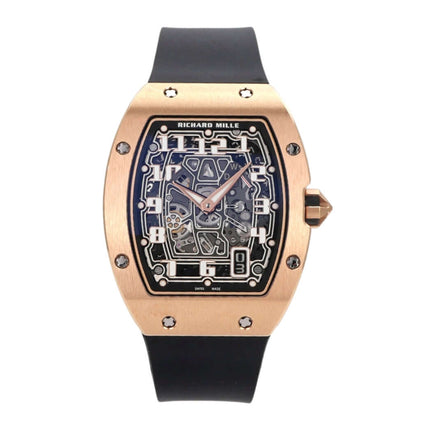 Richard Mille RM67-01 Extra Flach Roségold Uhr mit schwarzem Kautschukband und transparentem Zifferblatt.