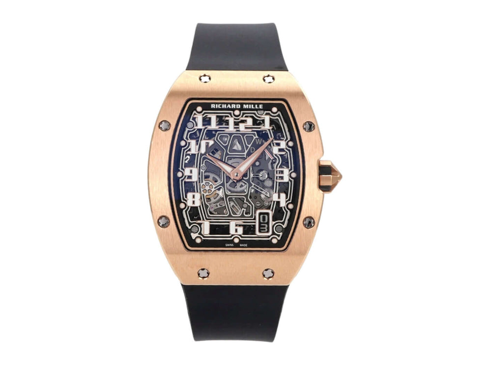 Richard Mille RM67-01 Extra Flach Roségold Uhr mit schwarzem Kautschukband und transparentem Zifferblatt.