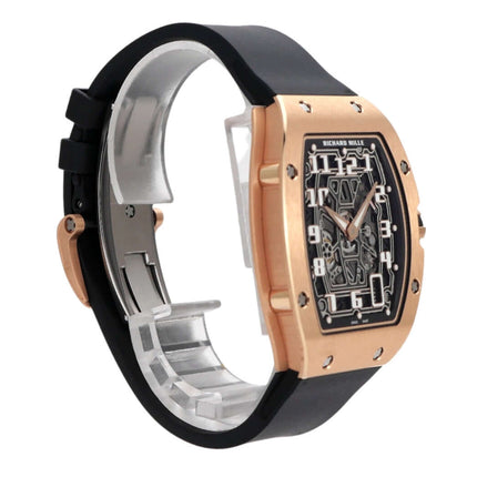 Richard Mille RM67-01 Extra Flat Rose Gold, schwarzes Kautschukband, transparentes Zifferblatt, elegantes Design.