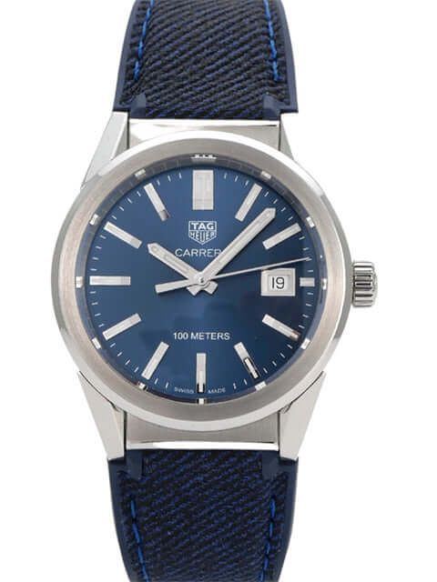 TAG Heuer Carrera WBG1310.FT6115 Edelstahl Uhr mit blauem Zifferblatt und Kautschuk-Lederarmband.