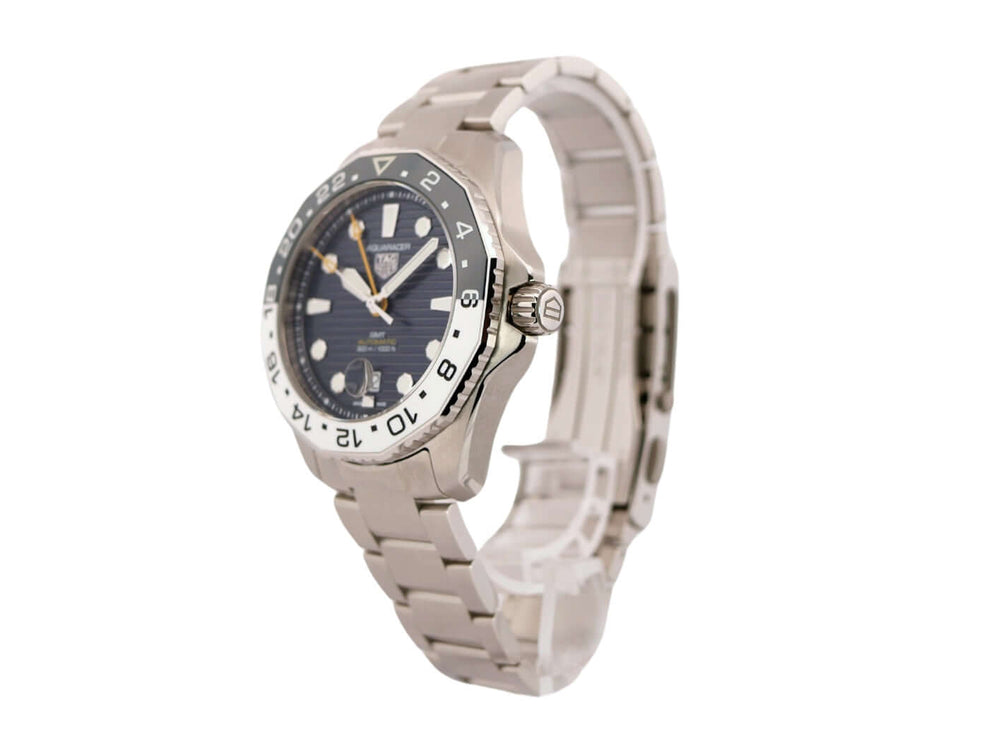 TAG Heuer Aquaracer Professional 300 GMT WBP2010.BA0632 Edelstahlgehäuse mit blauer/weißer Lünette und Edelstahlband.