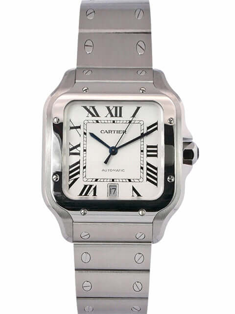 Cartier Santos de Cartier WSSA0018 Uhr mit Edelstahlgehäuse, silberfarbener Zifferblatt und Doppelfaltschließe.