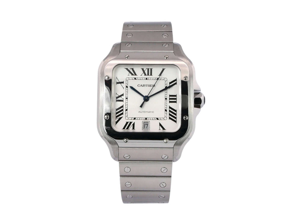 Cartier Santos de Cartier WSSA0018 Automatik-Uhr aus Edelstahl mit silberfarbenem Zifferblatt und Doppelfaltschließe.