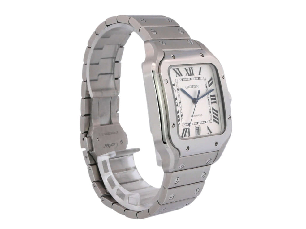 Cartier Santos de Cartier WSSA0018 Uhr mit poliertem Edelstahlgehäuse und silberfarbenem Zifferblatt.