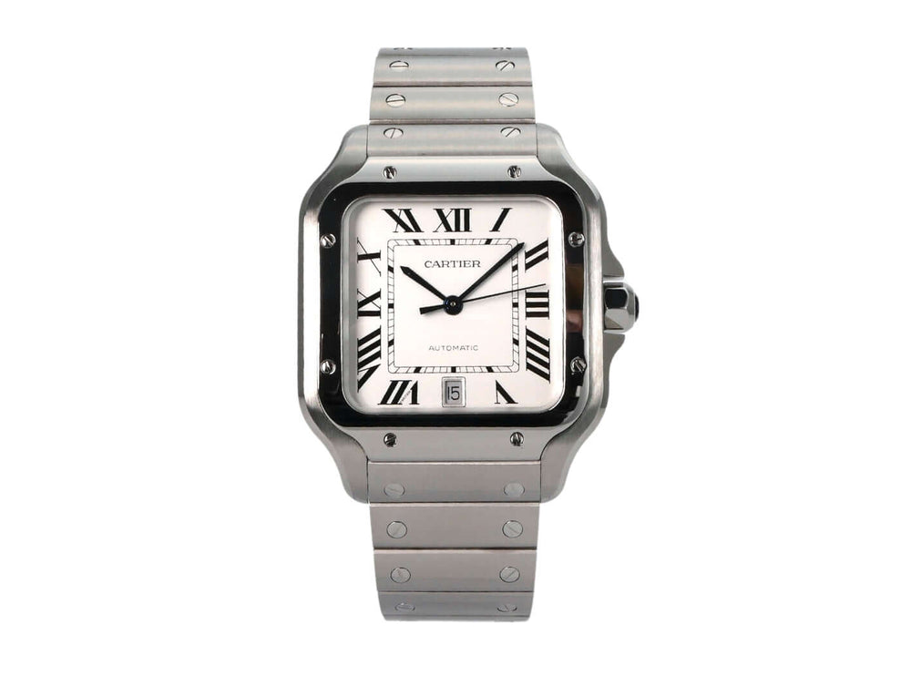 Cartier Santos de Cartier WSSA0018 Edelstahl Uhr mit silberfarbenem Zifferblatt und Edelstahlarmband, Modell 2024.