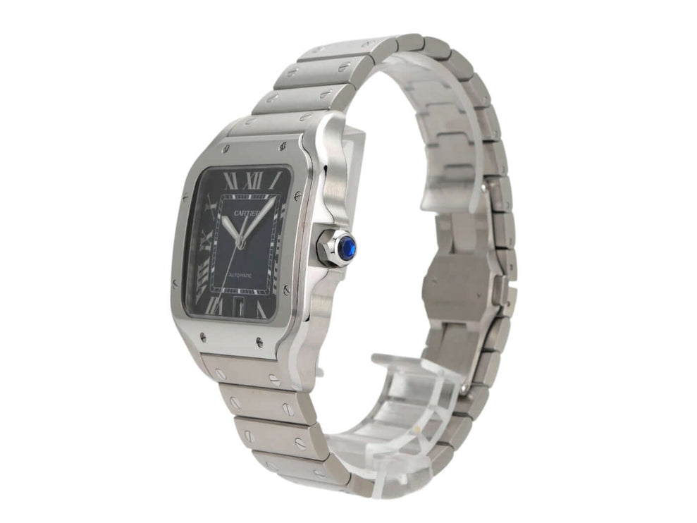 Cartier Santos de Cartier großes Modell WSSA0030 mit blauem Zifferblatt und Edelstahlband.