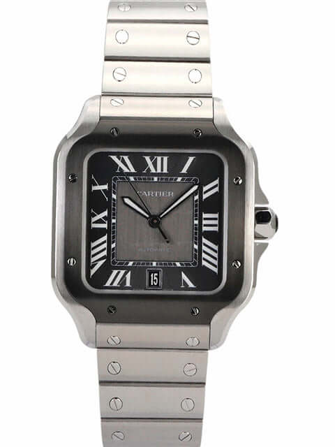 Cartier Santos de Cartier großes Modell WSSA0037 Edelstahl Armbanduhr mit schwarzem Zifferblatt und DLC-beschichteter Lünette.